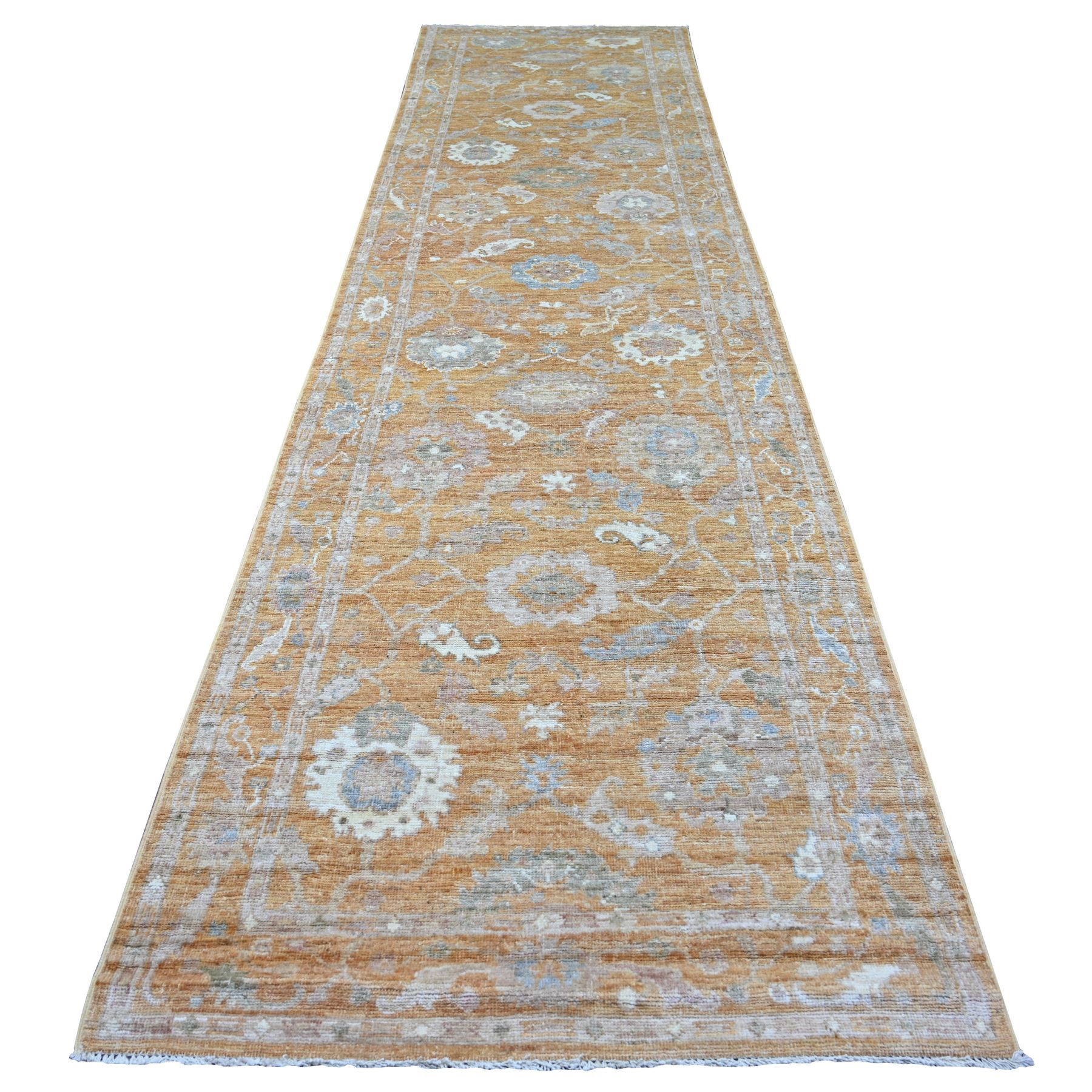 Mustard Yellow, Afghan Angora Oushak with All Over Leaf Design, Hand Knotted, 100% Wool, Vegetable Dyes, Wide and Long Runner, Oriental Rug